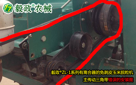 毅政牌ZL1系列有離合器的免剝皮玉米脫粒機(jī)，主傳動三角帶錯(cuò)誤安裝